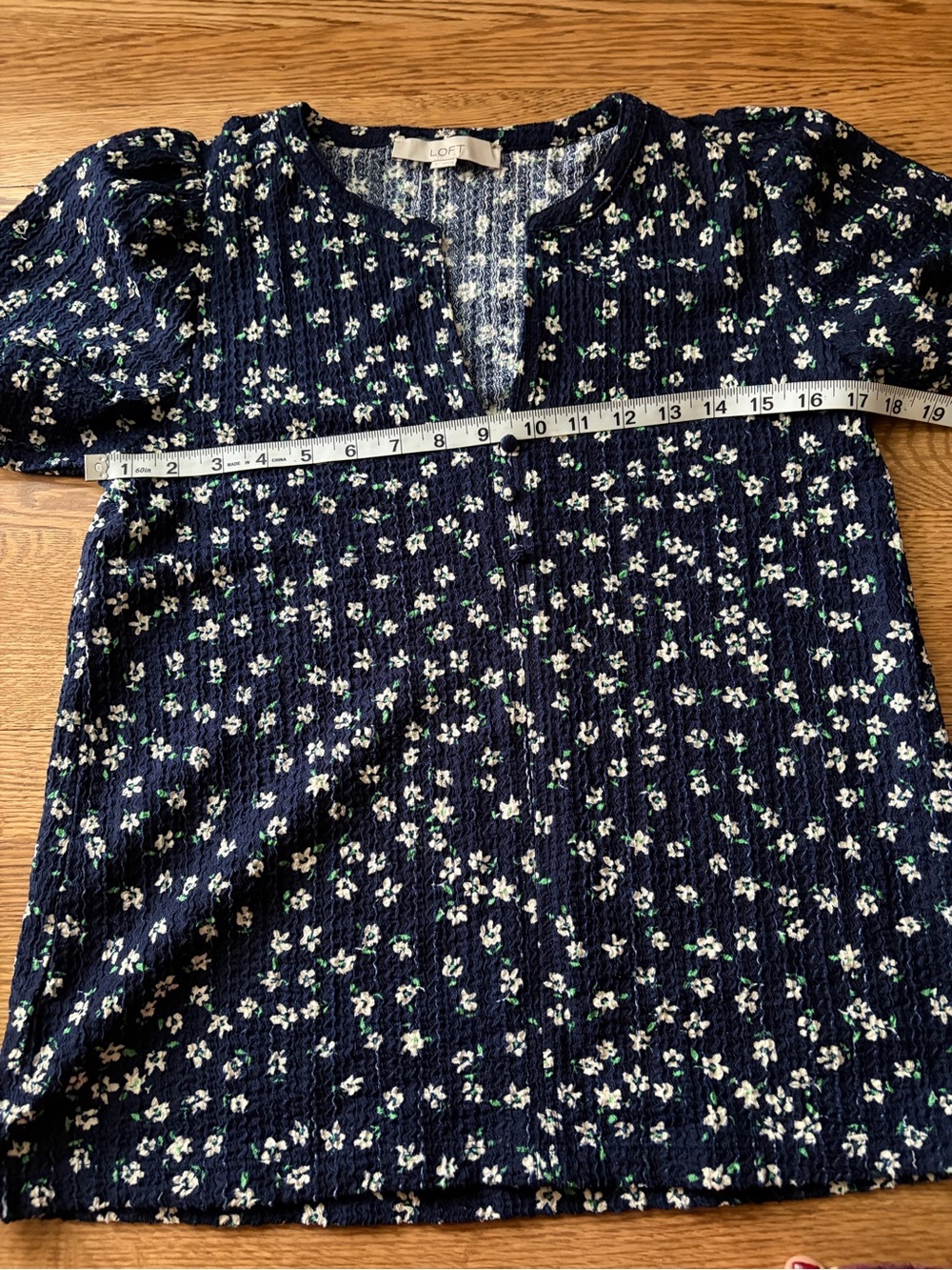 LOFT Navy Floral Split-Neck Short Sleeve Blouse - Picture 6 of 8
